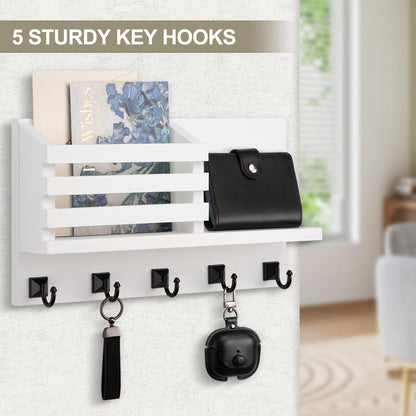 Key Holder Wall Mount, Mail Organizer for Wall with 5 Square Rustic Key Hooks Key Shelf Farmhouse Home Decor for Entryway