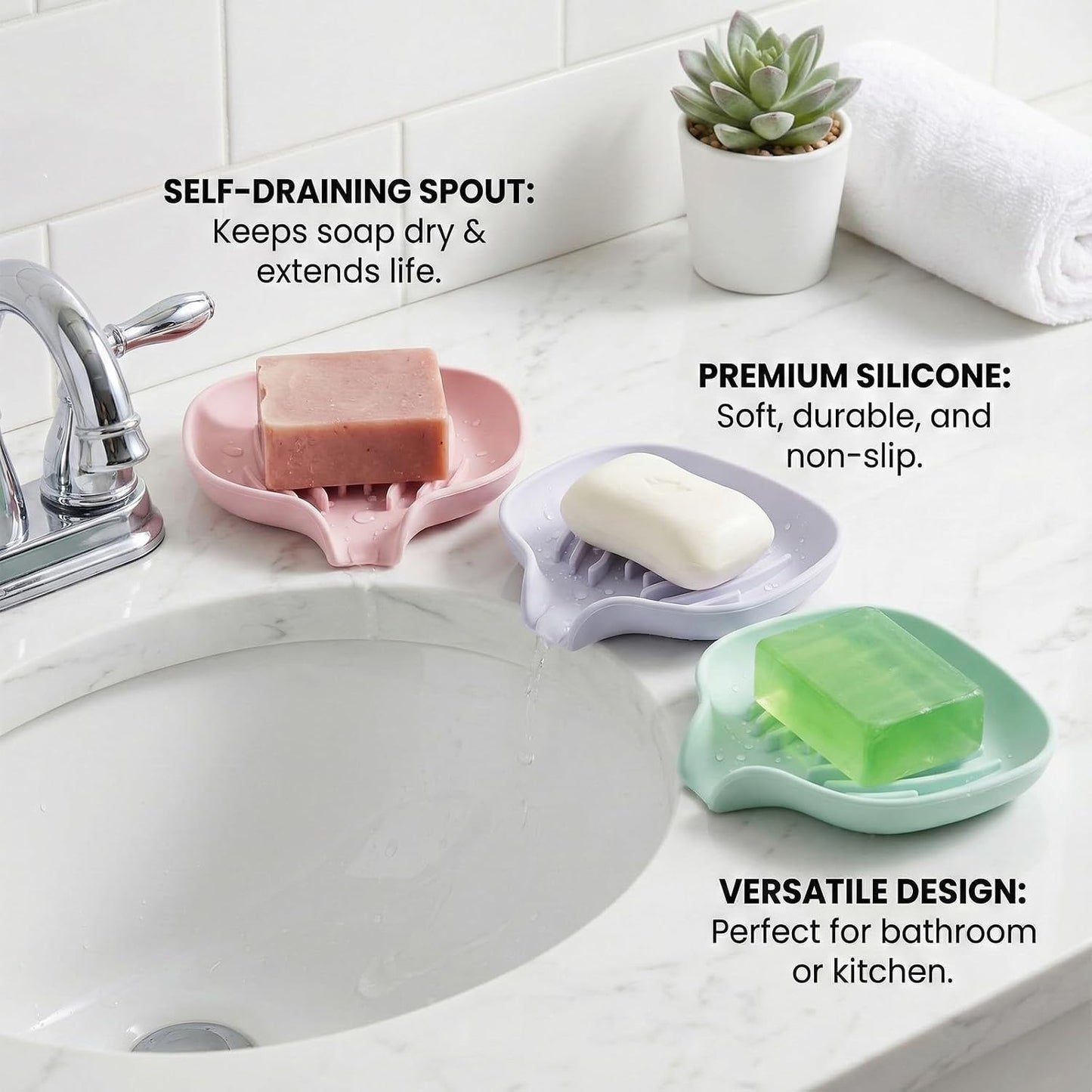 3 Pack Silicone Soap Dish with Drain, Self Draining Soap Trays, Bar Soaps Holder Saver Container with Drainage Waterfall for Bathroom Shower Kitchen Bathtub Organizer