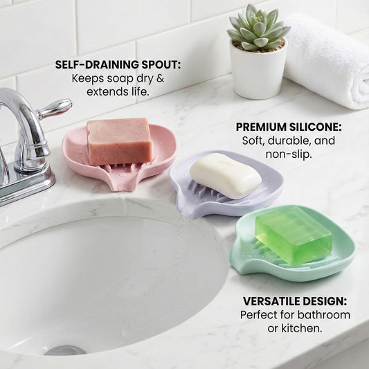 3 Pack Silicone Soap Dish with Drain, Self Draining Soap Trays, Bar Soaps Holder Saver Container with Drainage Waterfall for Bathroom Shower Kitchen Bathtub Organizer