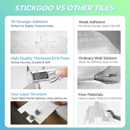 STICKGOO 10 Sheets Subway Tile Peel and Stick Backsplash, Extra Thick 3D Wall Tiles with Commercial-Grade Adhesive for Kitchen, Bathroom, Laundry Room,11.56"x8.38"(White)