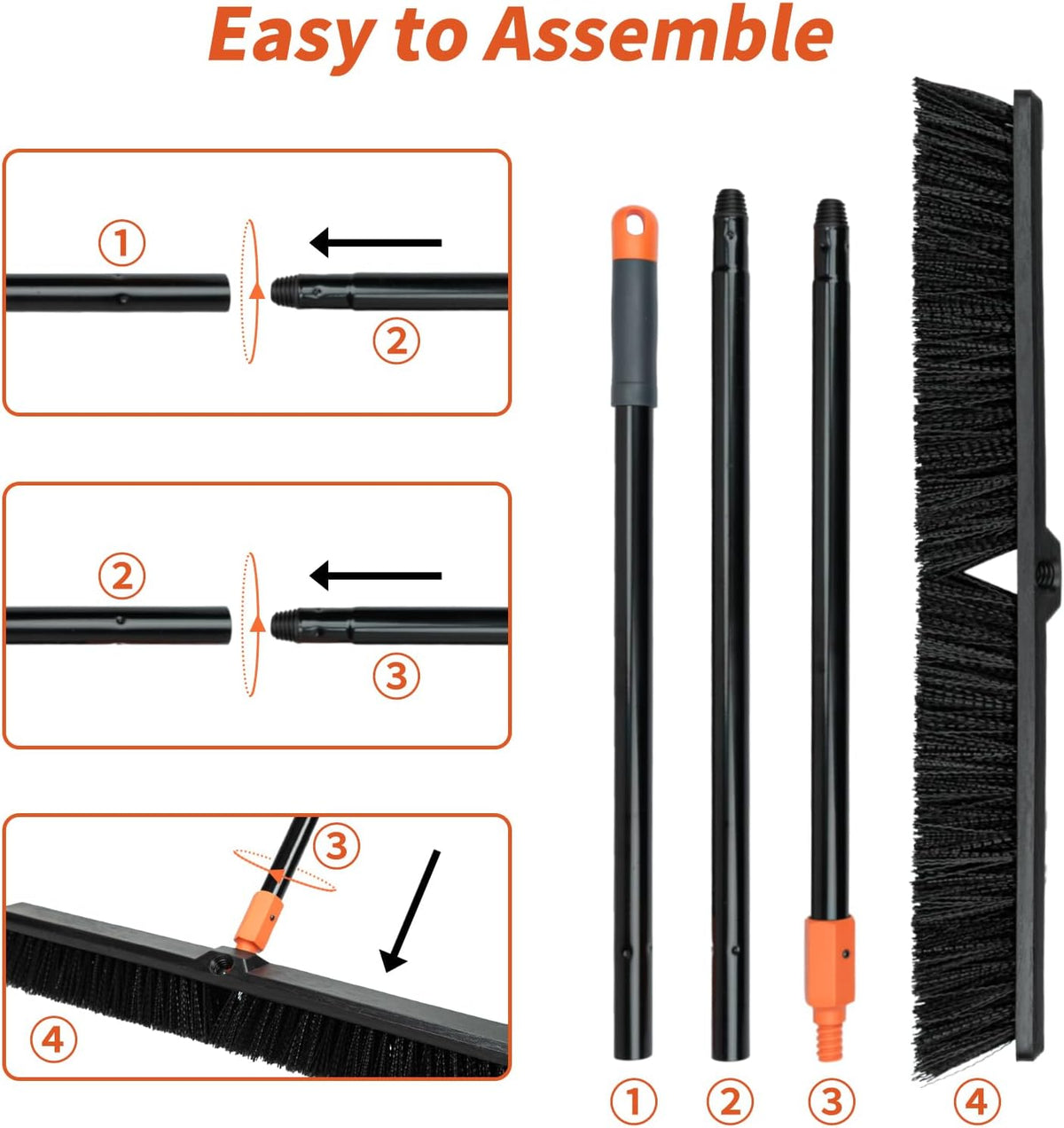 TreeLen 24 Inches Push Broom Outdoor Heavy Duty Floor Scrub Brush with Long Handle Stiff Bristles Broom for Patio Yard Garage Deck Driveway Concrete Floor Cleaning
