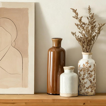 Ceramic Vase Set of 3, Neutral Flower Vases Home Decor, Pottery Rustic Farmhouse Decorative Vases Modern Decor for Table Mantel Entryway Bookshelf Living Room Kitchen Bedroom - Brown