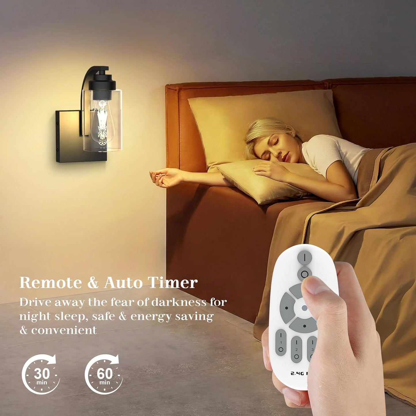 Battery Operated Wall Sconce Set of 2 with Remote Control, Rechargeable Wireless Led Glass Wall Lamp Indoor, Cordless Wall Light Fixtures Wall Mount for Bedroom Bathroom Hallway Farmhouse, Black