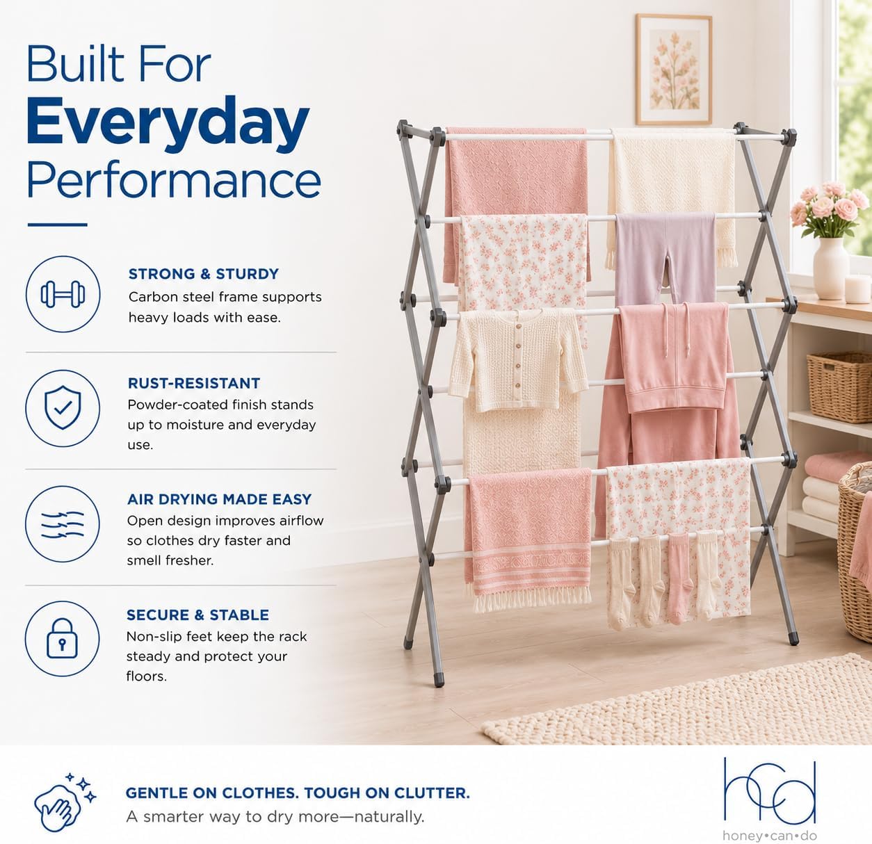 Honey-Can-Do Oversized Collapsible Clothes Drying Rack, 35", 50 lb, Grey | Oversized 35" x 45" steel rack holds 50 lb and folds flat for storage. Air-dry a full load indoors or outdoors.