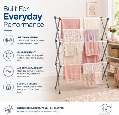 Honey-Can-Do Oversized Collapsible Clothes Drying Rack, 35", 50 lb, Grey | Oversized 35" x 45" steel rack holds 50 lb and folds flat for storage. Air-dry a full load indoors or outdoors.