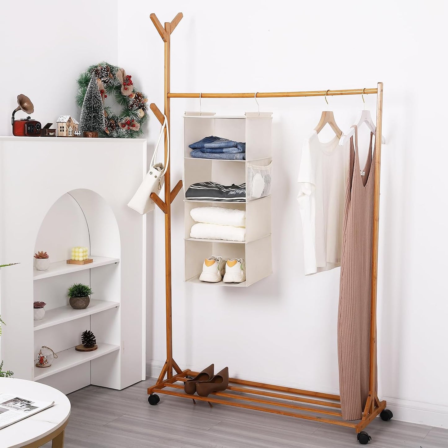 MAX Houser 4-Shelf Hanging Closet Organizer, Space Saver, Cloth Hanging Shelves with 2 Side Pockets, Foldable (Beige)