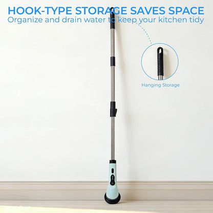 Electric Spin Scrubber with Long Handle，Cordless Bathroom & Kitchen Cleaner with 6 Replaceable Brush Heads，3 Adjustable Speeds for Tile Floor Tub Shower