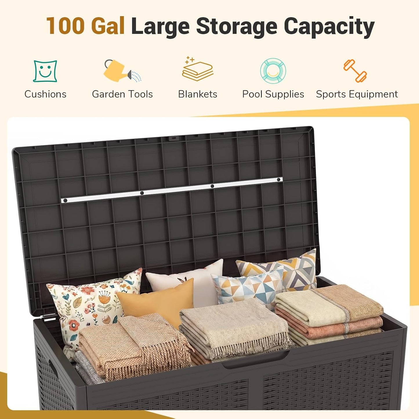 Tangkula 100 Gallon Outdoor Storage Box, Lockable Outdoor Storage Bench with 2 Smooth Wheels, Faux Rattan Surface, Waterproof Resin Deck Box for Outside Poolside Patio Garden (Brown)