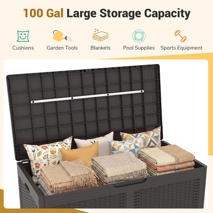 Tangkula 100 Gallon Outdoor Storage Box, Lockable Outdoor Storage Bench with 2 Smooth Wheels, Faux Rattan Surface, Waterproof Resin Deck Box for Outside Poolside Patio Garden (Brown)