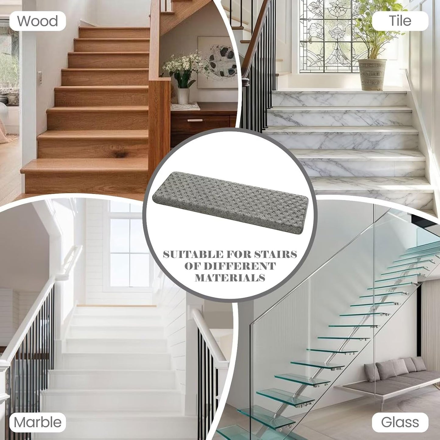 DEXDE Bullnose Stair Treads for Wooden Steps Non-Slip Stair Runner, 14 Pcs | Reusable bullnose carpet Stair Treads Indoor, Peel and Stick Stair Rugs with Edge Protection, Soft Washable, 30"x9.5" Grey