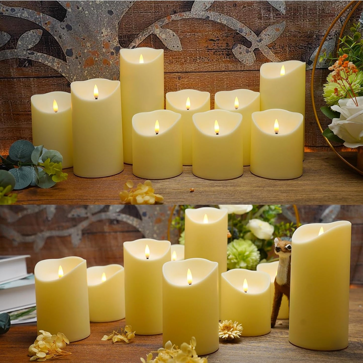 Nimiko Flameless Candles with Remote, Battery Operated Flickering Flameless Candles, LED Candles with Timer 2/4/6/8H, with Realistic LED Candles Set of 9 (D3 x H 3" 4" 5" 6" 7") (White)