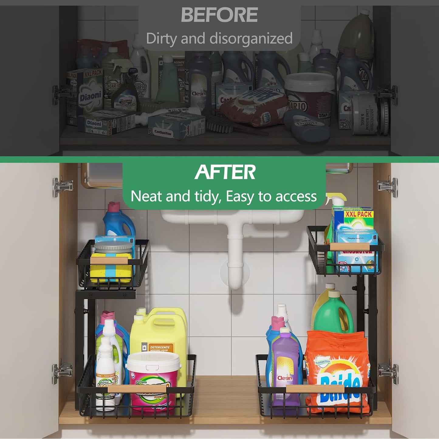 ADRIMER Under Sink Organizer 2 Packs, Pull Out Kitchen Sink Organizer, 2 Tier Slide Out Kitchen Organizers and Storage Bathroom Under Cabinet Storage Shelf, Transparent & White