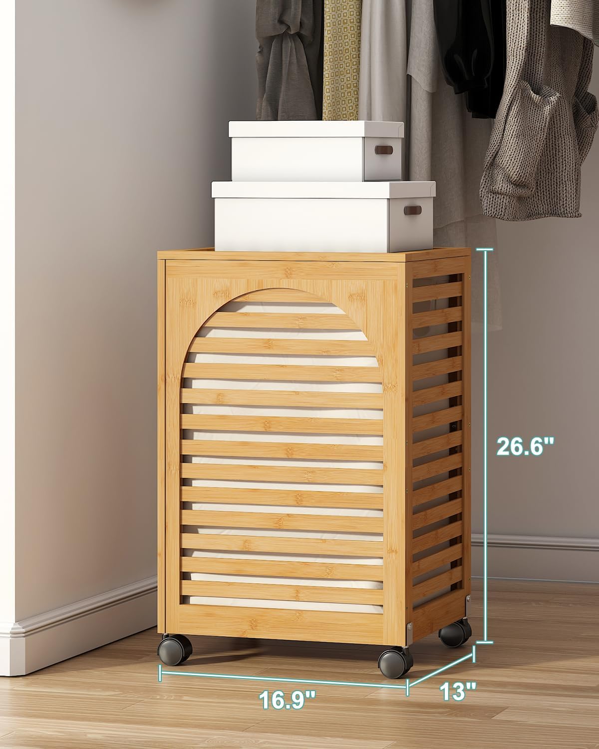 Black Laundry Hamper with Wheels, Laundry Basket with Lid, 22.5 Gallon (85L) Bamboo Wood Clothes Laundry Hamper 2 Section with Handles, Removable Liner