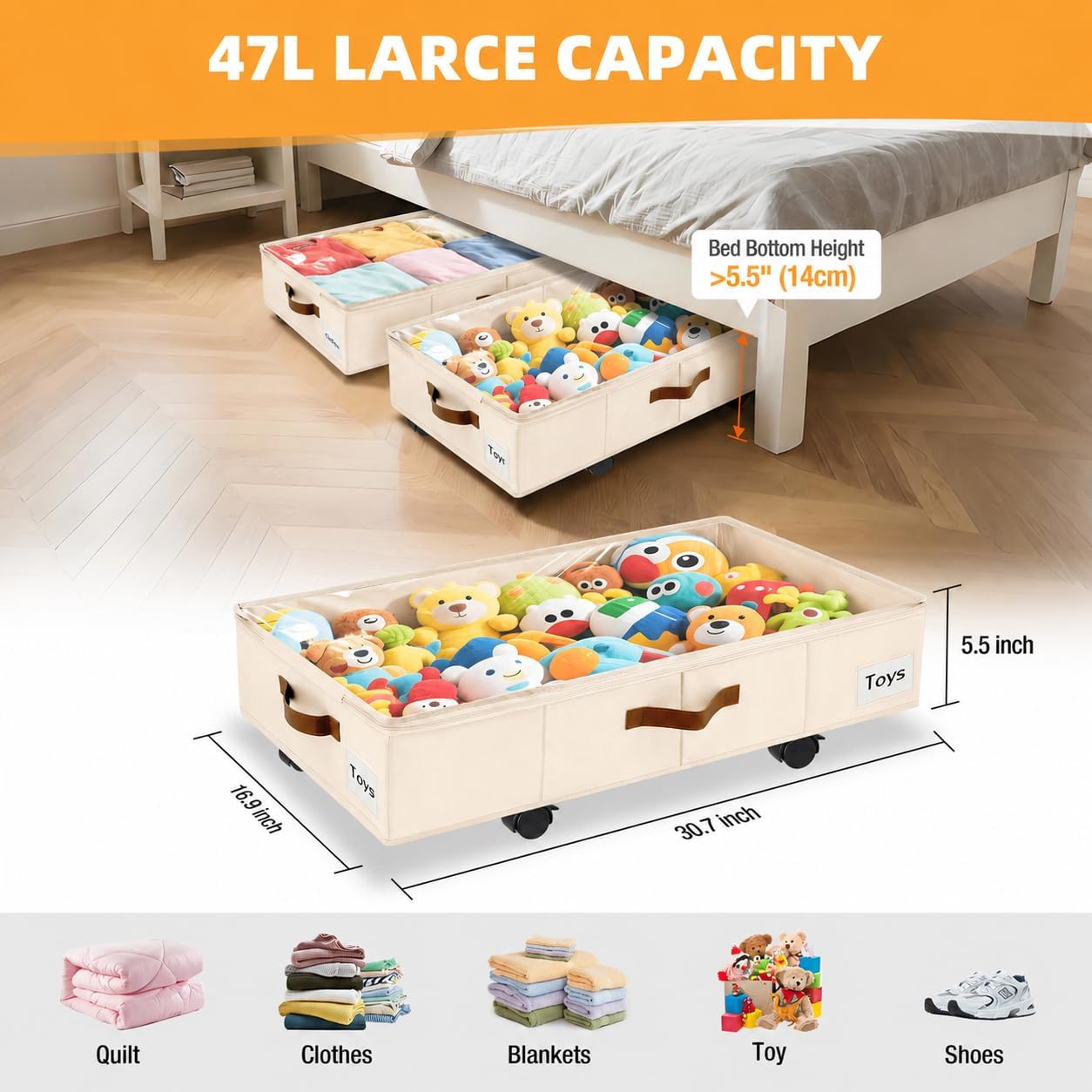 Under Bed Storage with Wheels,Underbed Storage with Sturdy Sidewalls/Bottom, Clear Cover, Label and PU Handle, Rolling Under Bed Drawers for Clothes, Shoes, 6.5 Inch Height,Black, 2 Pack