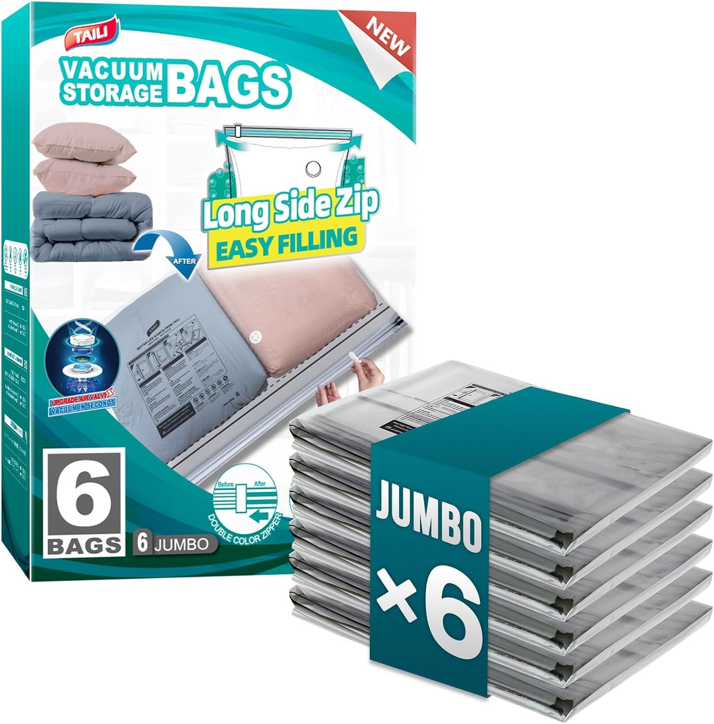 TAILI 8 Pack Jumbo Vacuum Storage Bags, 39x28 inch, LONG SIDE ZIP Vacuum Seal Bags for Clothing, Space Saver for Beddings, Comforters, Blankets, Pillows