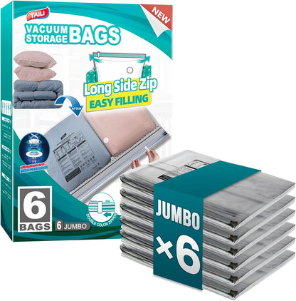 TAILI 8 Pack Jumbo Vacuum Storage Bags, 39x28 inch, LONG SIDE ZIP Vacuum Seal Bags for Clothing, Space Saver for Beddings, Comforters, Blankets, Pillows