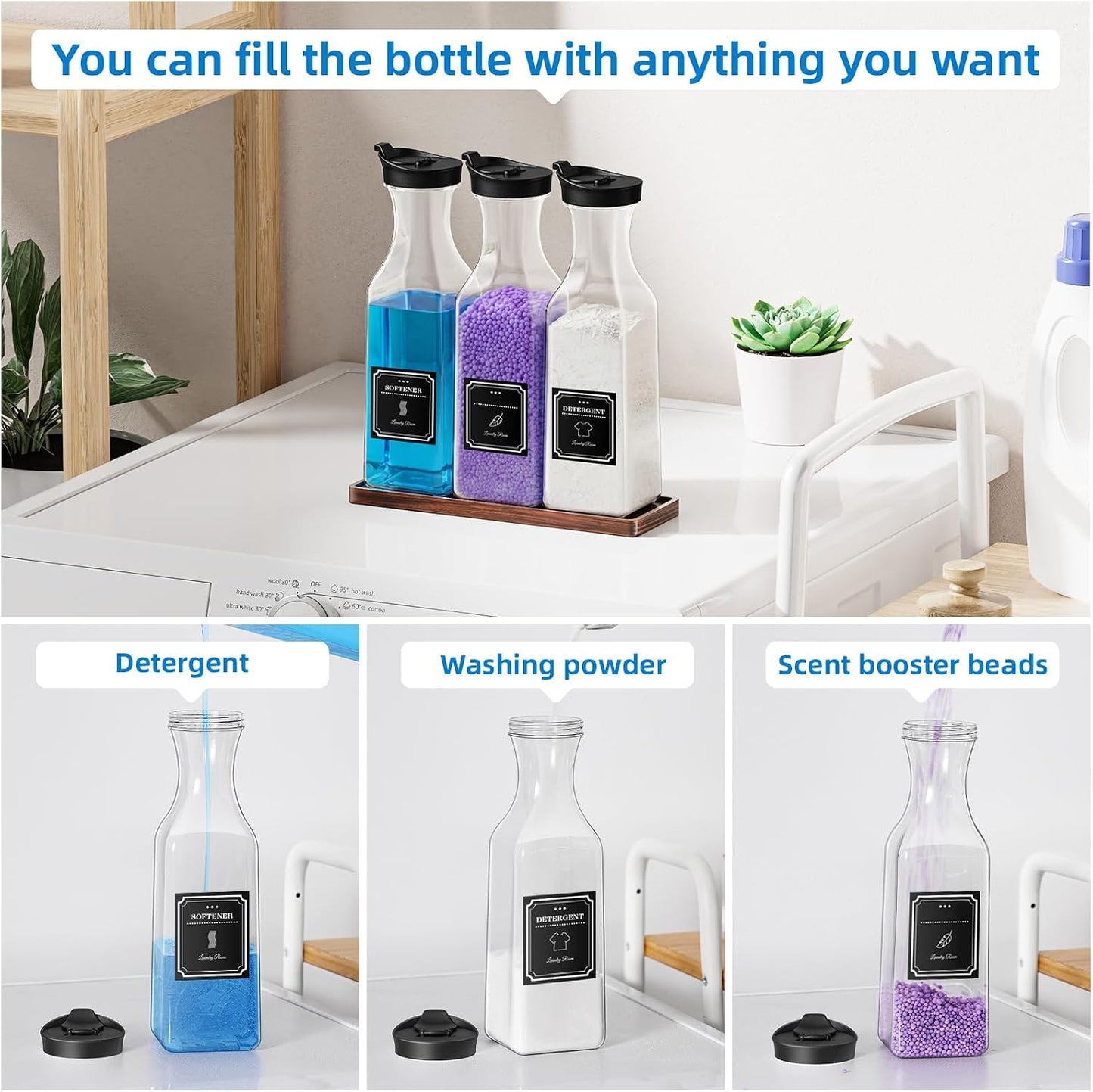 Laundry Detergent Dispenser,54OZ Laundry Soap Dispenser,Liquid Laundry Detergent Container,Fabric Softener Dispenser with Bamboo Wood Tray,Laundry Room Organizer with 4 Labels