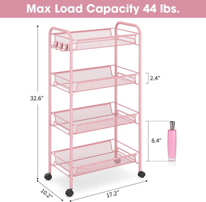TOOLF 3-Tier Metal Rolling Cart, Mesh Wire Easy Assemble Utility Cart, Storage Trolley on Wheels with 3 Hooks, MetalStorage Shelving Units for Kitchen Bathroom Laundry Room