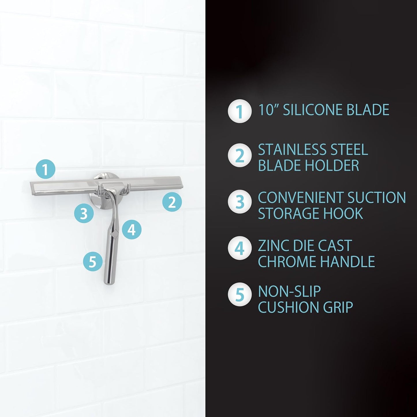 Better Living Deluxe XL Shower Squeegee, Multi-Purpose Silicone Squeegee Blade with Storage Hook, Rust-Proof Heavy Duty Window, Glass, Shower Scrubber, Windshield Wiper, 12", Brushed Nickel