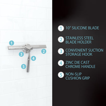 Better Living Deluxe XL Shower Squeegee, Multi-Purpose Silicone Squeegee Blade with Storage Hook, Rust-Proof Heavy Duty Window, Glass, Shower Scrubber, Windshield Wiper, 12", Brushed Nickel