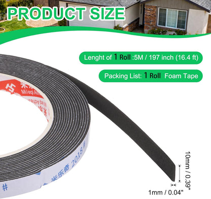 PATIKIL Sponge Rubber Foam Tape, 5/8" W x 1/8" t x 16.4ft l Self-Adhesive Foam Insulation Tape Weather Stripping for Window Door Soundproofing Weatherstrip AC Seal Strip, Black
