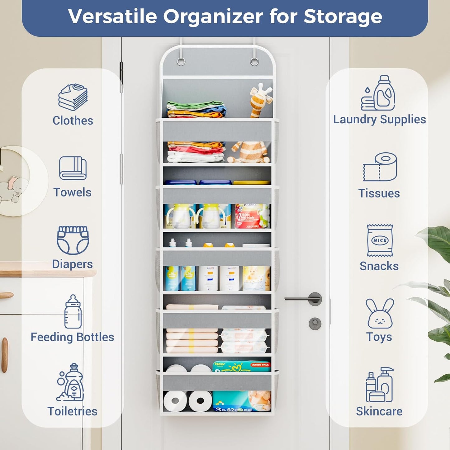 COOLBEBE 2-Pack over the Door Organizer, 5-Tier Hanging Storage with Clear Windows & Mesh Side Pockets, Heavy-Duty Nursery Closet Organizer for Baby Essentials, Bathroom, Bedroom, Grey