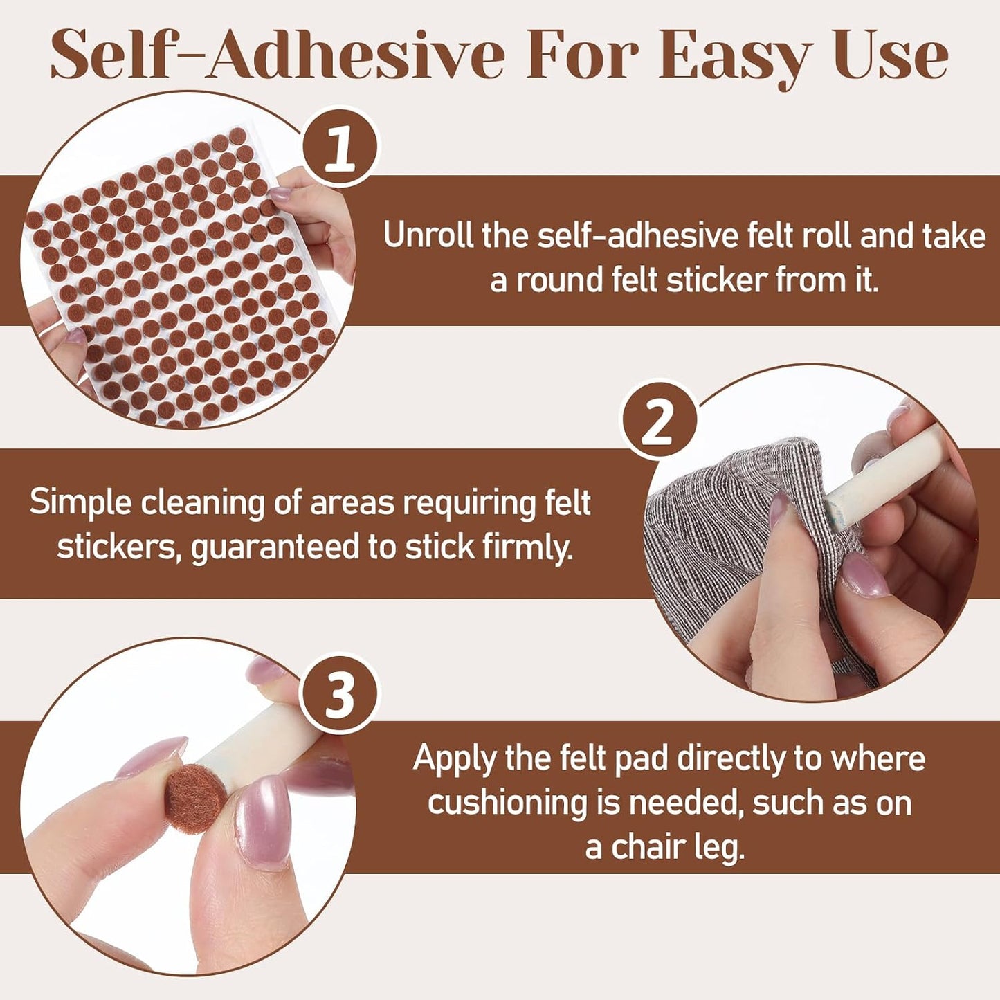 cobee 624 Pcs 3/8" Self Adhesive Felt Furniture Pads, Felt Cabinet Door Bumpers Brown Round Chair Foot Pads, Cabinet Protectors for Kitchen Chair Legs Hardwood Floors Coasters Drawers