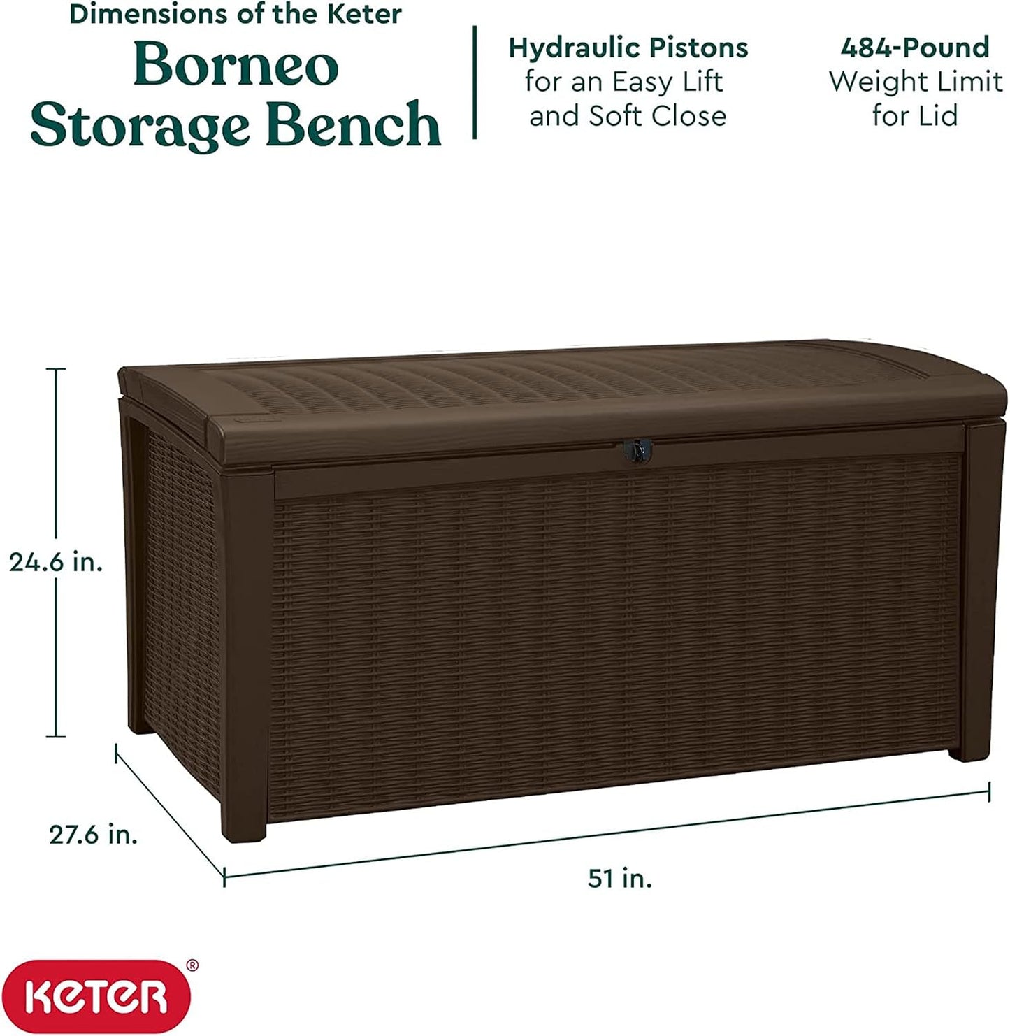 Keter Outdoor Storage Deck Box for Patio, Backyard & Garden, Borneo, 110 Gal, Grey - Lockable, Organizing, and Waterproof Plastic Container Bench