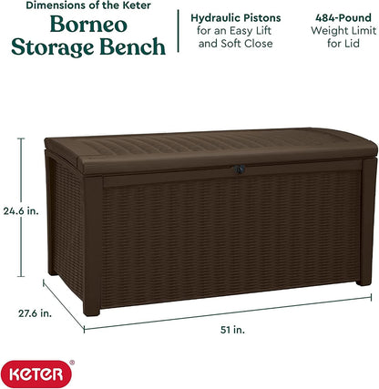 Keter Outdoor Storage Deck Box for Patio, Backyard & Garden, Borneo, 110 Gal, Grey - Lockable, Organizing, and Waterproof Plastic Container Bench