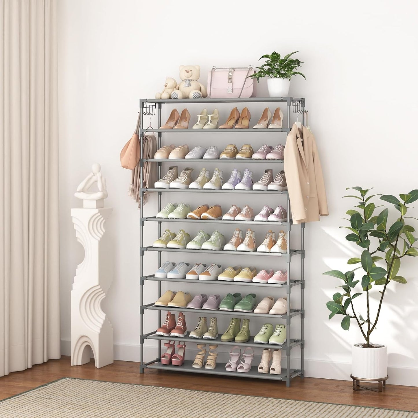 LANTEFUL 10 Tiers Shoe Rack 50 Pairs Large Capacity Tall Shoe Organizer Sturdy Shoe Storage with Two Hooks Space Saving Metal Wide Shoe Rack for Closet, Entryway, Bedroom, Black