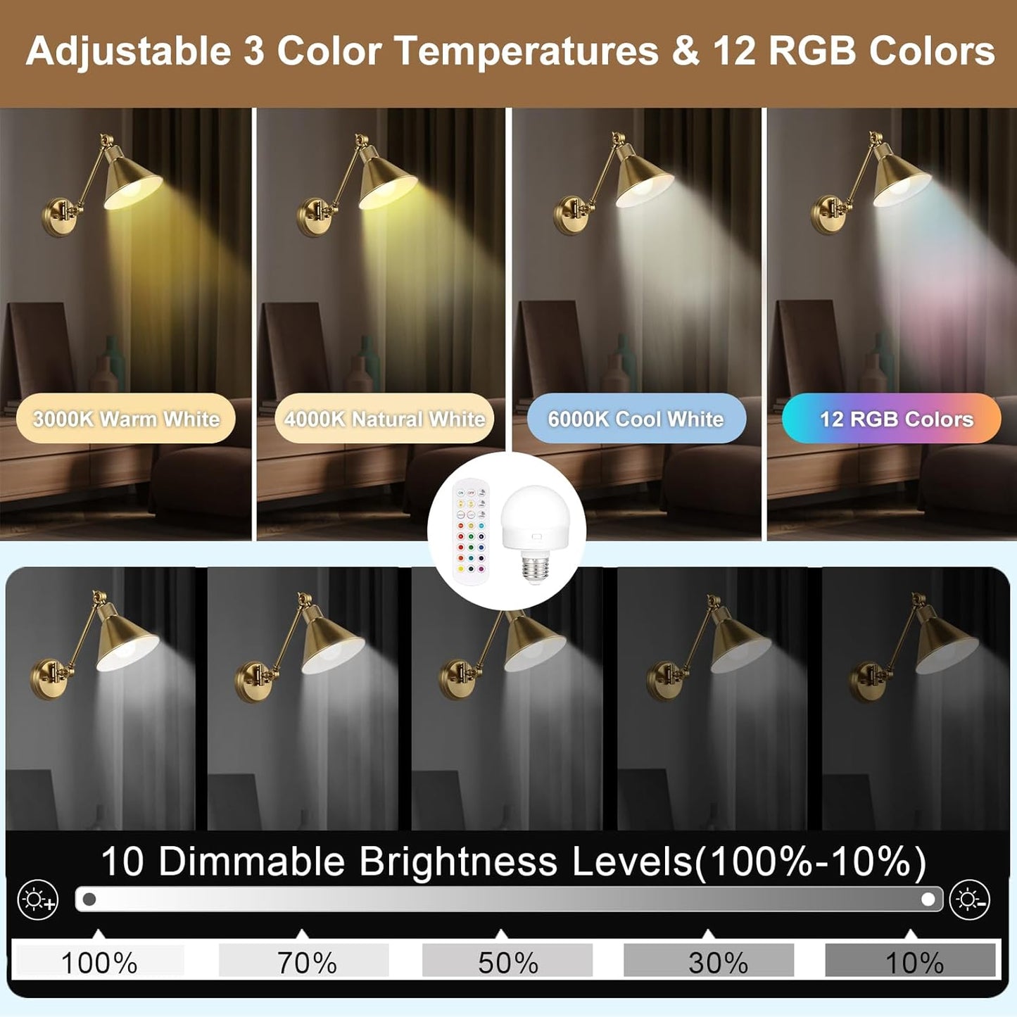 TRLIFE Rechargeable Battery Operated Wall Sconces, Dimmable and Adjustable Color Temperature Wireless Wall Sconces Set of 2 with Remote Control, Gold Swing Arm Wall Light for Bedroom Bedside Hallway