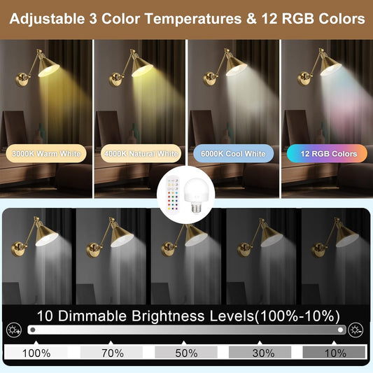 TRLIFE Rechargeable Battery Operated Wall Sconces, Dimmable and Adjustable Color Temperature Wireless Wall Sconces Set of 2 with Remote Control, Gold Swing Arm Wall Light for Bedroom Bedside Hallway