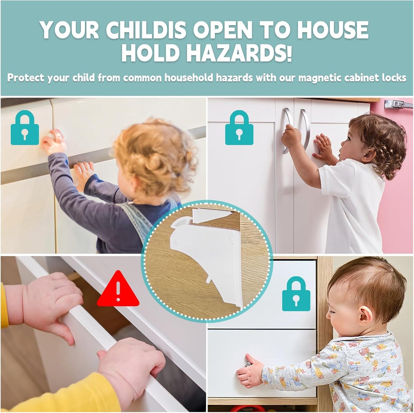 10 Pack Magnetic Cabinet Locks for Baby Proofing - Child Safety Drawer Locks with 2 Keys, No-Drill 3M Adhesive Installation, Fits 2" Thick Cabinets, Kitchen Bathroom Safety Locks