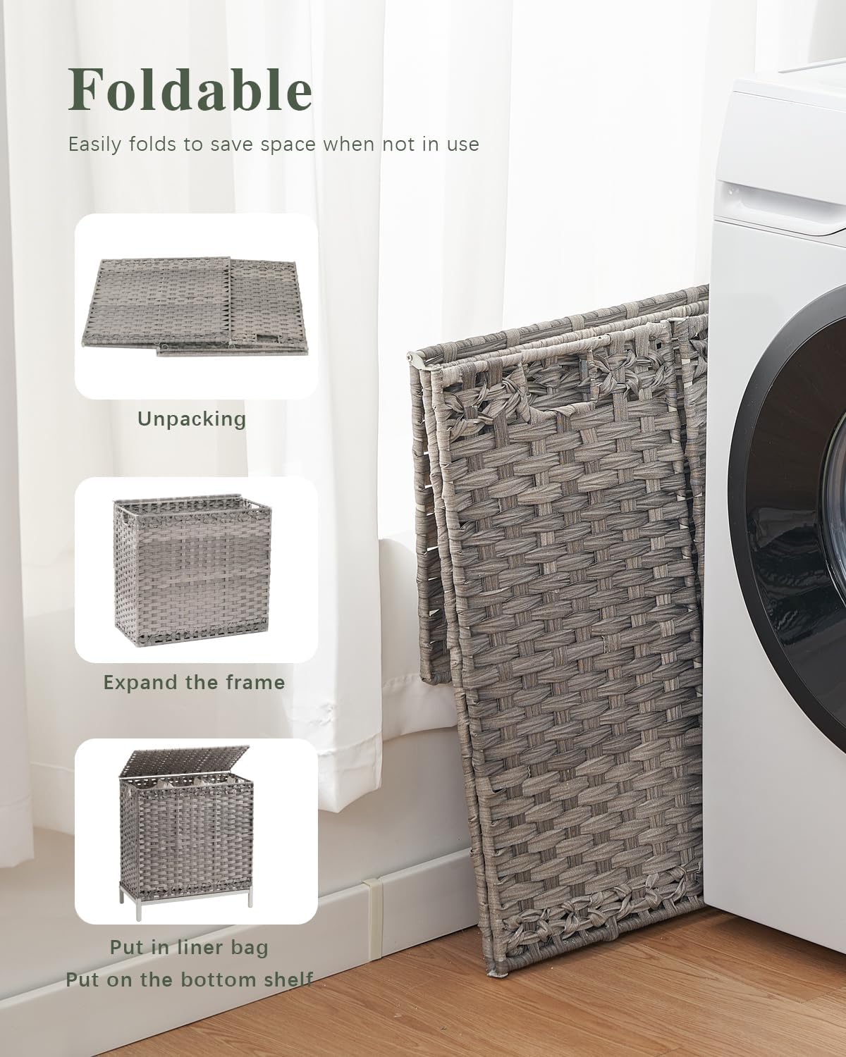SETVSON Laundry Hamper with Lid 132 L, (35 Gallons) Clothes Hamper with Lid, Handwoven Rattan Laundry Hamper with Metal Heightened Feet, Laundry Hampers with 3 Removable Liner Bags for Laundry-Natural