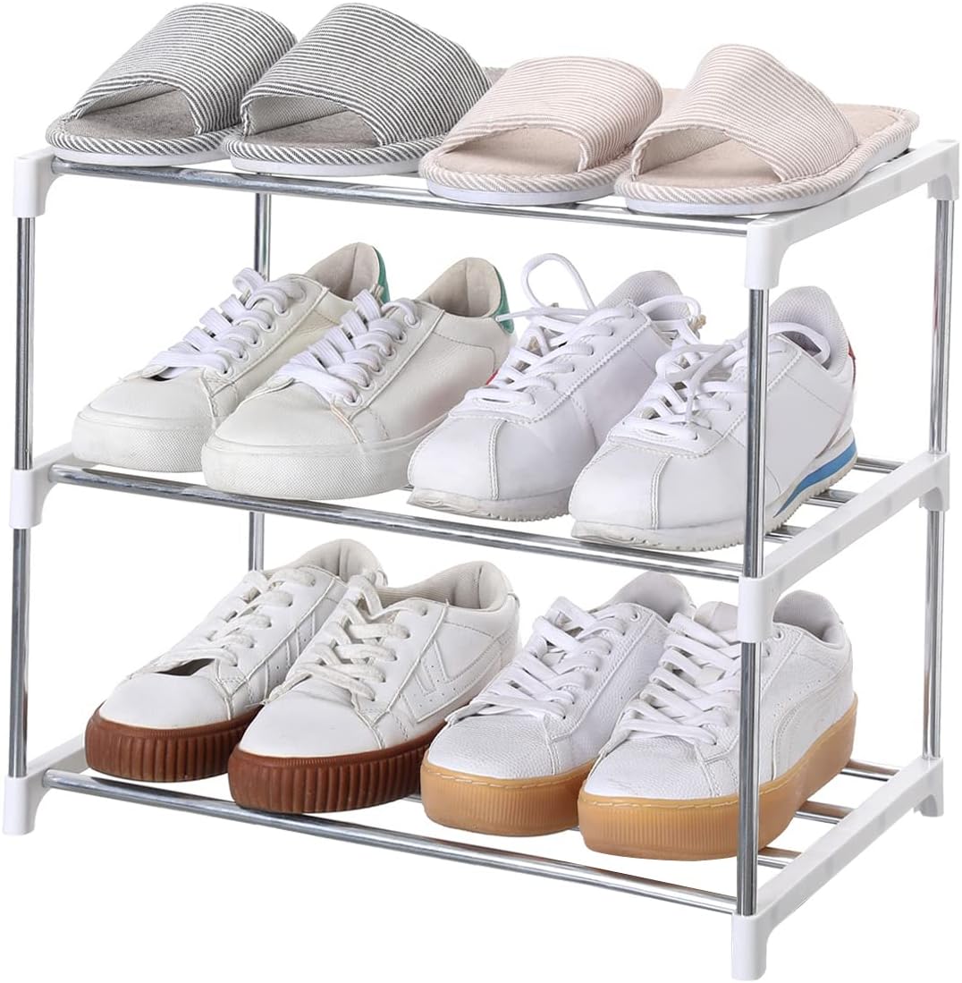 Jucaifu Stackable Small Shoe Rack, Entryway, Hallway and Closet Space Saving Storage and Organization (3-Tier, White)