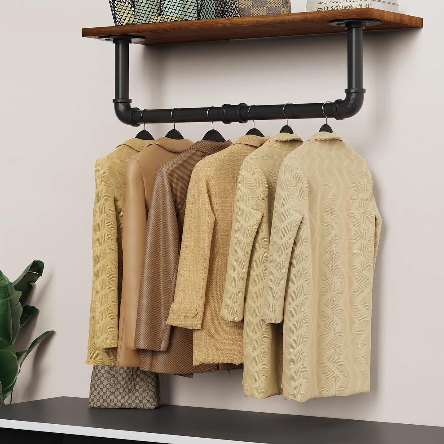 Wall Mounted Clothes Rack 38.4in, Industrial Pipe Wall Mount Clothing Rack, Heavy Duty Iron Garment Racks, Space Saver Multi-purpose Hanging Rod for Laundry Room, Closet Storage, 1 Pack