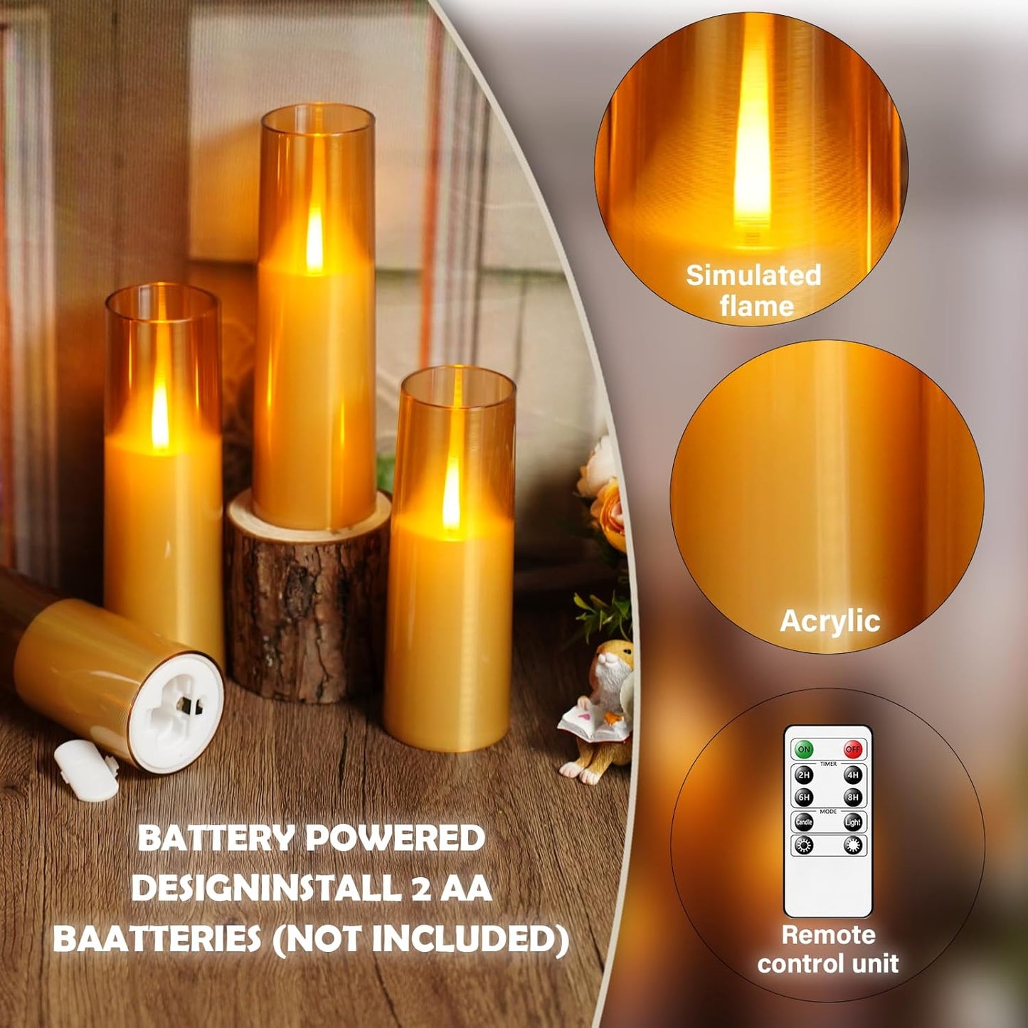 kakoya Flameless Candles Upgraded Realistic Flickering Flame,Battery Operated LED Candles with Remote Timers,Acrylic Electric Candles Set of 3(D 3" xH 4" 5" 6")（Grey）