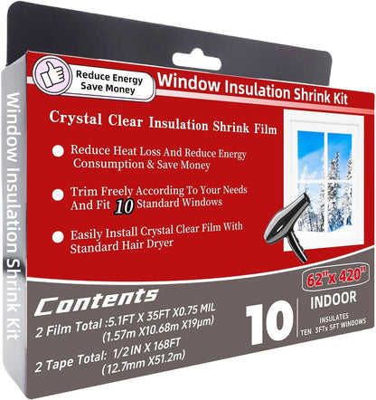 10-Window Shrink Film Window Insulation kit（62-Inch x 420-Inch），Insulating Film Window Kit Keeps Cold Air Out and Warm Air in (10 Windows)