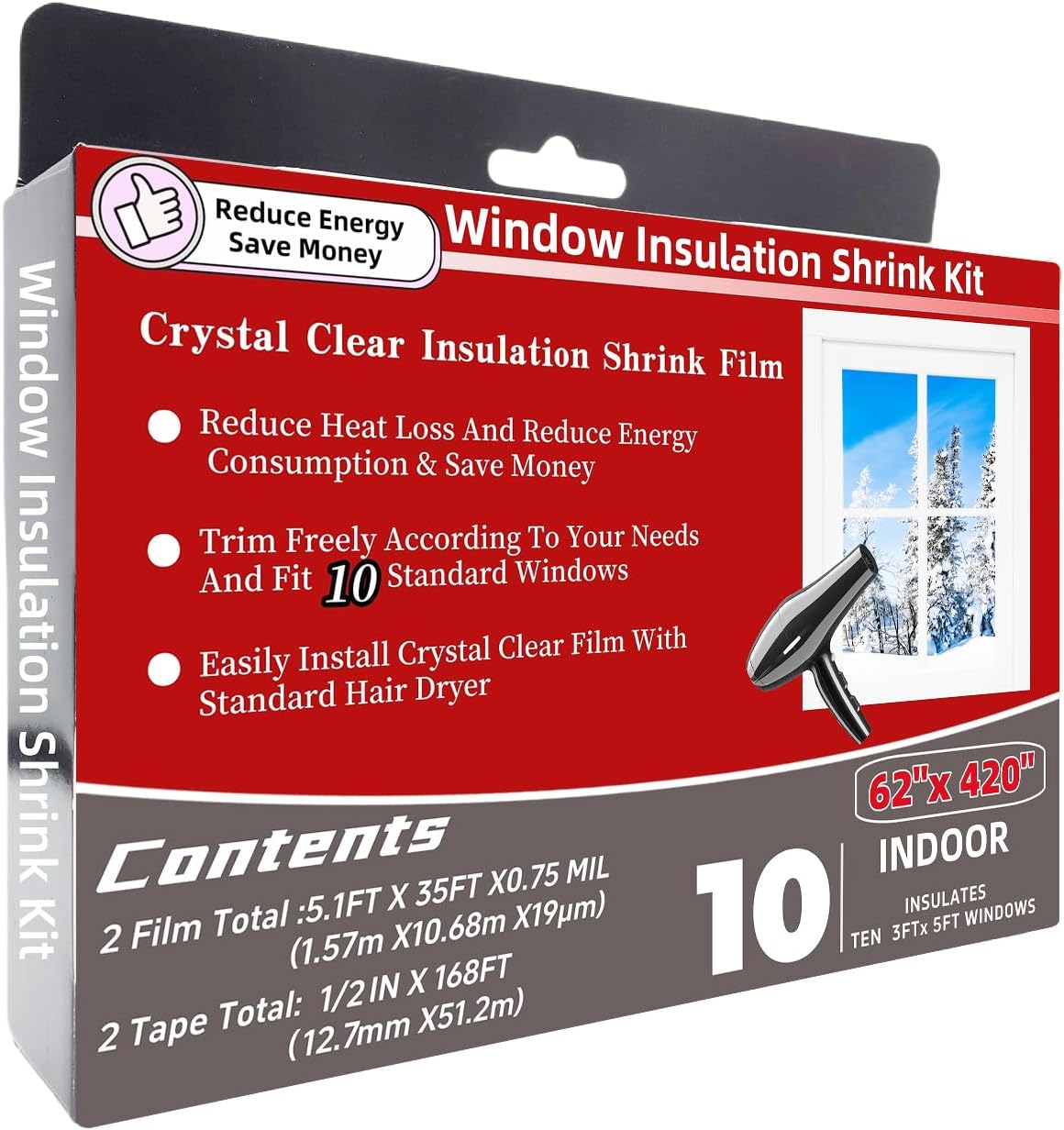 Insulating Film Window Kit to Keep Cold Out Window Shrink Film Insulator Kit (5 Windows)