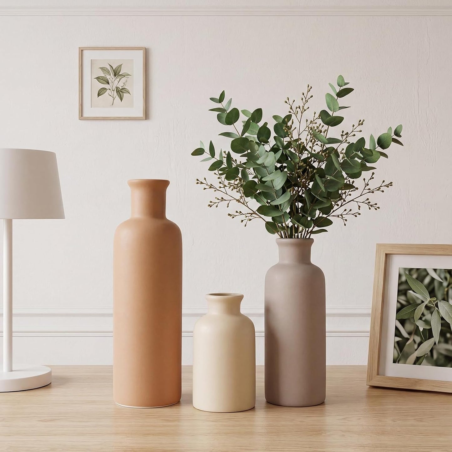 CUCUMI Ceramic Vase Set of 5, Home Decor Farmhouse Décor Handmade Pottery Vases for Pampas Grass, Dried Fresh Flowers, Table, Living Room, Kitchen, Shelf, Entryway Mantel Neutral Tones