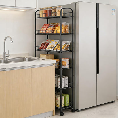 10in 6-Tier Slim Storage Cart with Wheels, Metal 10in Wide Black Narrow Rolling Shelf, Sturdy Slim Storage with Hooks Ideal for Kitchen, Bathroom, and Laundry Room