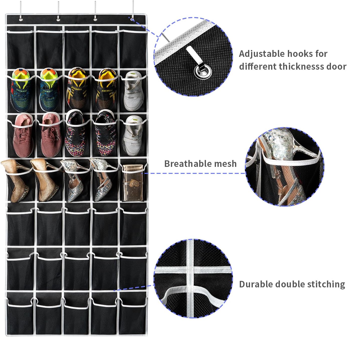 SAVERHO 35 Pockets Over the Door Shoe Organizer, Hanging Shoe Organizer for Door with 35 Mesh Pockets Large Capacity Shoe Hanging Storage Bag with 4 Metal Hooks (White-1Pack)