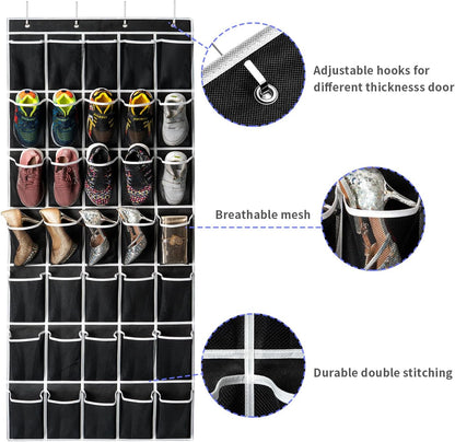 SAVERHO 35 Pockets Over the Door Shoe Organizer, Hanging Shoe Organizer for Door with 35 Mesh Pockets Large Capacity Shoe Hanging Storage Bag with 4 Metal Hooks (White-1Pack)