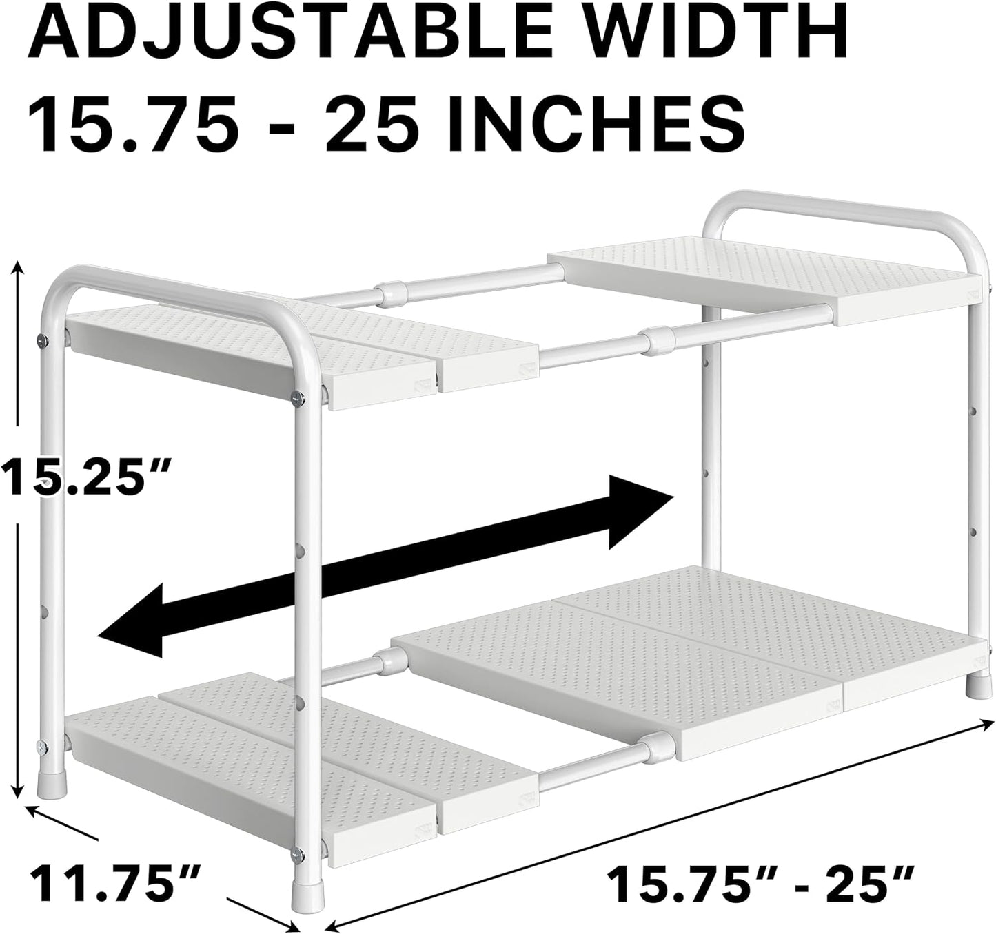 Simple Houseware Under Sink 2-Tier Heavy Duty Expandable Rack Organizer, Adjustable Width 15.75–25 Inches with 4 Shelf Height Levels, Silver