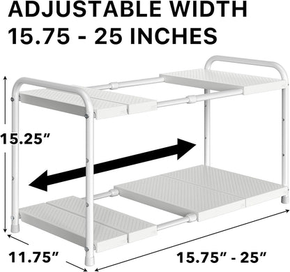 Simple Houseware Under Sink 2-Tier Heavy Duty Expandable Rack Organizer, Adjustable Width 15.75–25 Inches with 4 Shelf Height Levels, Silver