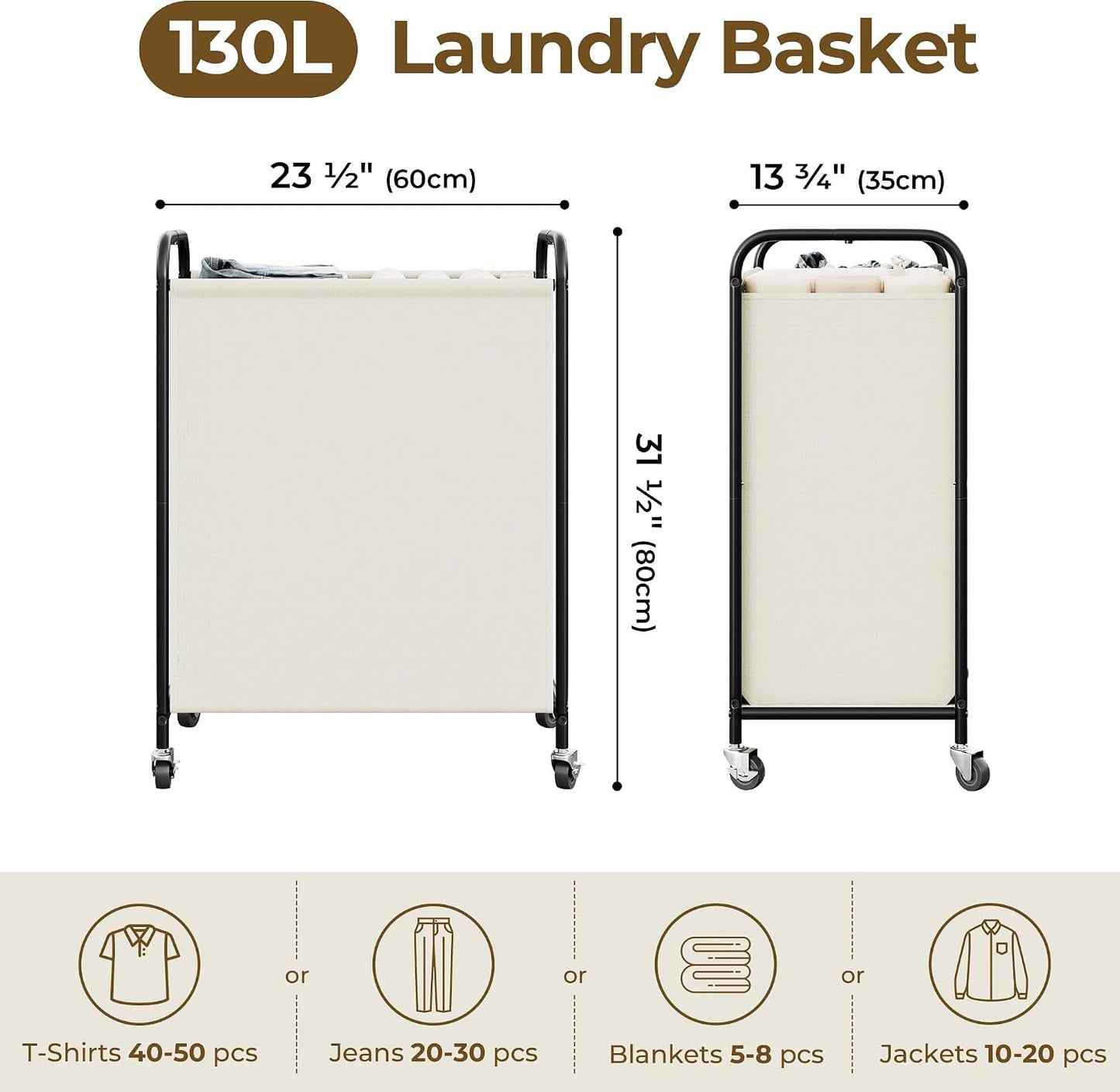 GRANNY SAYS 2 Section 130L Laundry Sorter, Large Laundry Hamper Basket with Wheels and Handles, Durable and Sturdy Rolling Cart for Laundry Room, Hotel, Bedroom, Beige