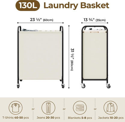 GRANNY SAYS 2 Section 130L Laundry Sorter, Large Laundry Hamper Basket with Wheels and Handles, Durable and Sturdy Rolling Cart for Laundry Room, Hotel, Bedroom, Beige
