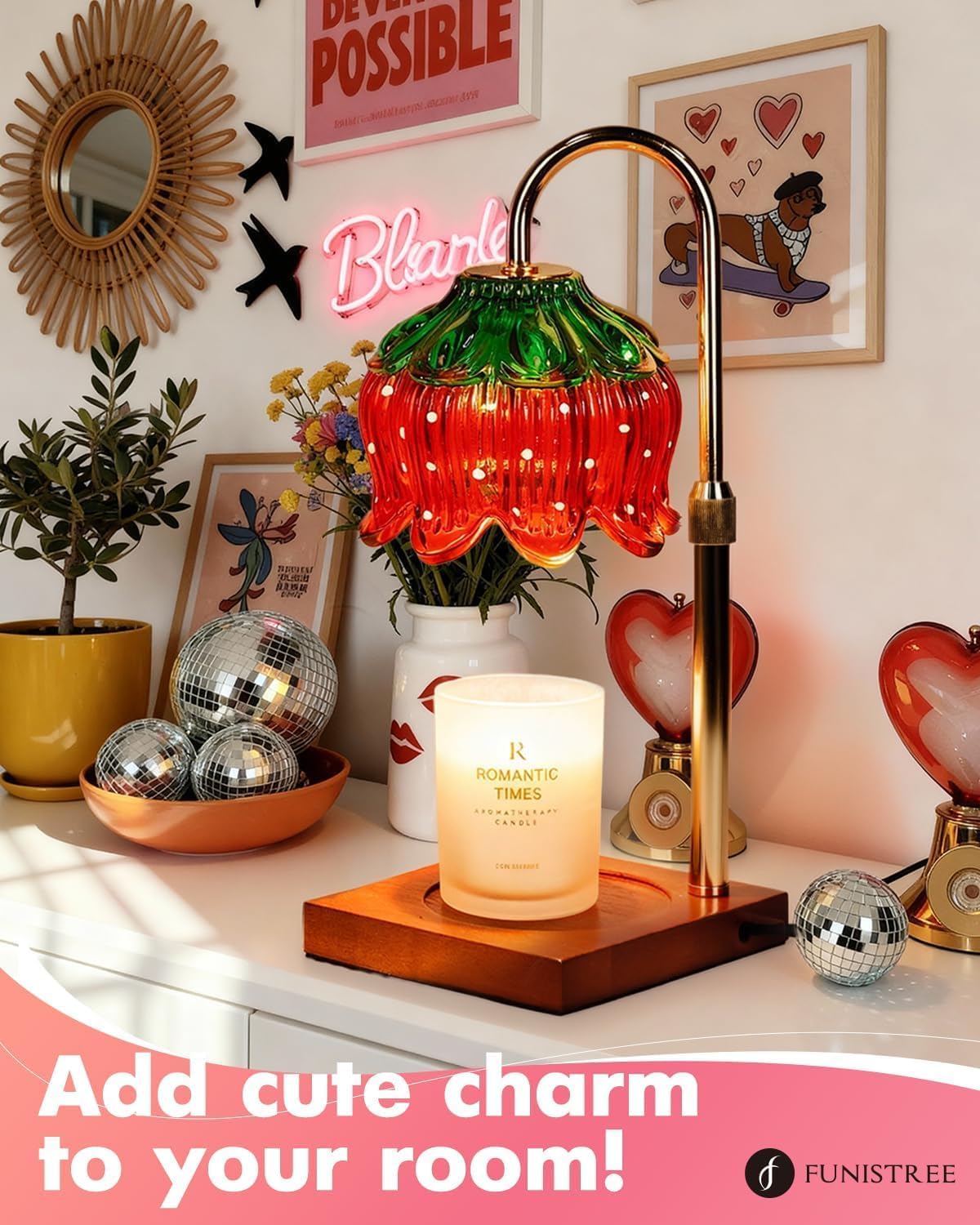 Funistree Flower Candle Warmer Lamp with Timer & Dimmer, Adjustable Height Candle Warmer, Christmas Birthday Gifts for Women Mom, House Warming New Home Decor, Wax Warmer with 2 Bulbs for Jar Candles