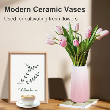 White Ceramic Vase, GUKJOB Small Cute Flower Vase for Pampas Grass, Home, Living Room, Dining Table, Farmhouse, Office Decor, Bedroom, Table, and Kitchen Shelf (White- 2PCS)