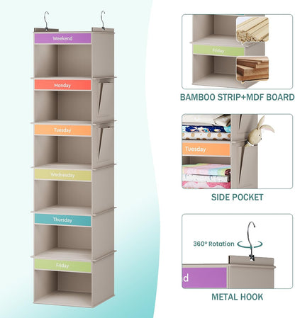 YOUDENOVA 6-Shelf Weekly Hanging Closet Organizer, Weekly Clothes Organizers for Kids with 2 Side Pockets, Pink